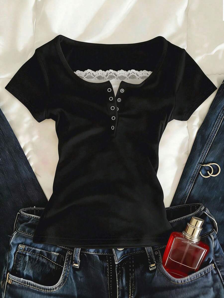 IslaSuriya Women's Casual Commute Contrast Color Lace Button-Up Short Sleeve Fitted T-Shirt - Black - View 1