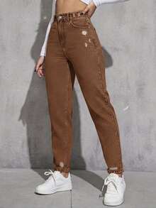 EMERY ROSE Jeans de mezclilla casuales lavados y desgastados - Café integral - Ver 1