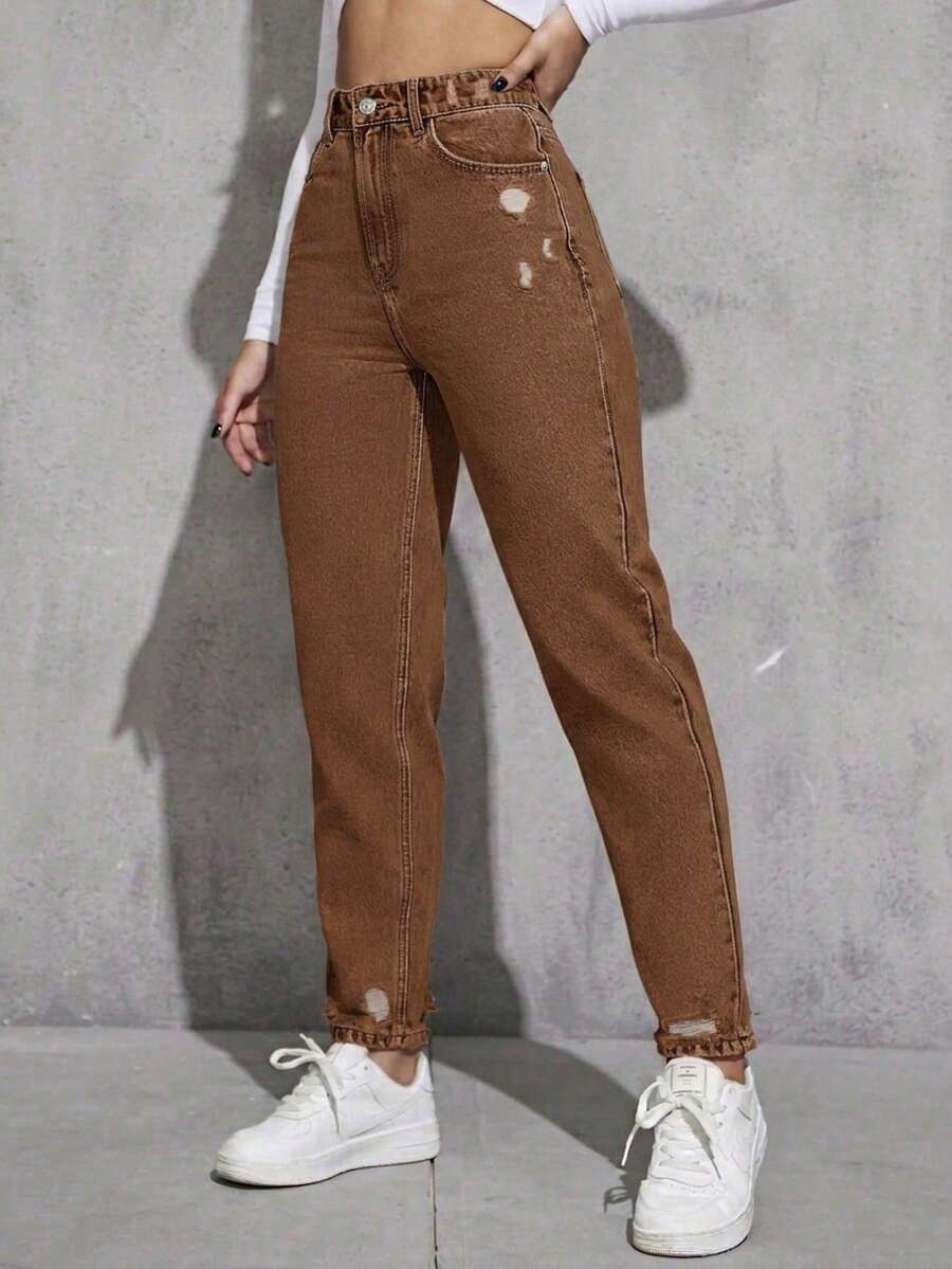 EMERY ROSE Jeans de mezclilla casuales lavados y desgastados - Café integral - Ver 1