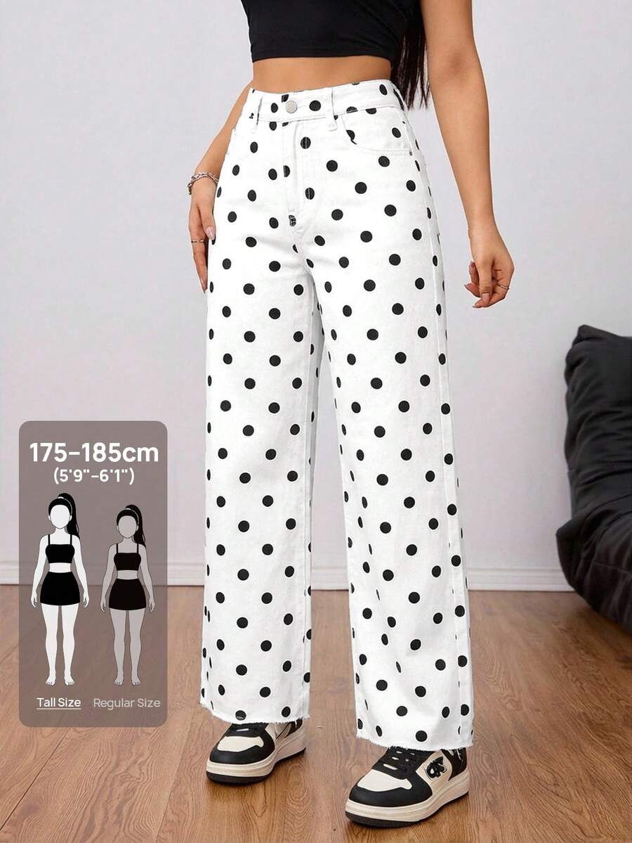 SHEIN Tall 女款波點口袋鈕扣休閒牛仔褲 70年代風 百搭日常穿著 適合週末與夏季 黑白配色 - 黑與白 - 查看 1