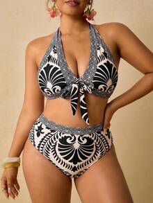 Travachic Women's Plus Size Halter Bikini Floral Print Top Triangle Bottom Set, Elastic Slim Fit Beachwear Summer Vacation Swimsuits Bathing Pink Leopard Print - Multicolor - View 2