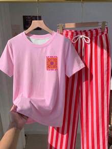 Comfortcana 2件組休閒圓領短袖上衣與條紋印花長褲，度假夏季服飾，街頭風，適合日常通勤、約會、派對、秋冬/夏季、婚禮、海灘、畢業典禮，優雅休閒外出穿搭，Y2K音樂祭套裝，假日海灘度假套裝 - 彩色 - 查看 6