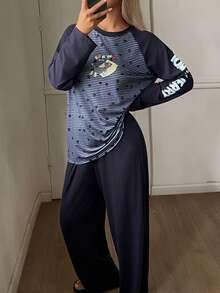 TOM AND JERRY X DAZY Bộ đồ ngủ nữ dáng rộng tay raglan, phối vải patchwork màu tương phản, họa tiết hoạt hình kẻ sọc và chấm bi, cho mùa Thu/Đông - Màu xanh lam - Xem 2