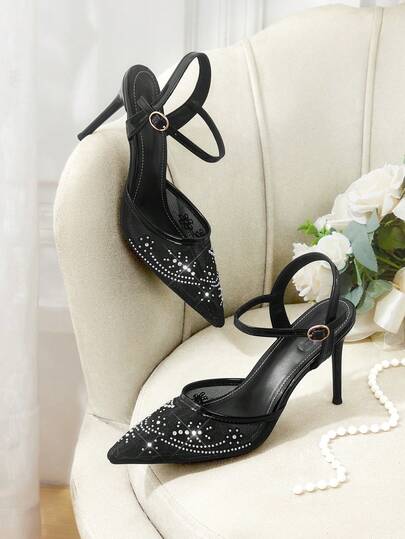 CUCCOO HITCHD Black Rhinestone Mesh High Heels Women's Summer Buckle Stiletto Sandals Temperament Pointed Hollow Shoes