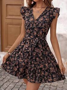 Brillora Summer Beach Vacation Paisley Print Ruffle Trim Belted Nashville Short Dress Black And Orange Boho Cute - Black - View 4