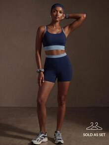 Zivah Women's Colorblock Patchwork Halter Top And Shorts Sports Set - Navy Blue - View 3