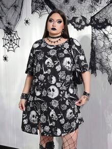 SHEIN CURVE+ 黑色哥德式骷髏花卉印花開衩下擺 2026 秋冬大尺碼 22W 女款萬聖節服裝 - 黑與白 - 查看 9