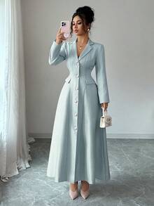 Elenzga 全新女式翻领长袖仿口袋前开 A 字长裙，休闲度假日常百搭青春优雅 - 灰藍色 - 查看 7