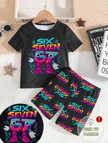 2pcs/Set Piyama Anak Laki-Laki Motif Angka 67 yang Bercahaya dalam Gelap, Kaos Lengan Pendek dan Celana Pendek Pas Badan, Musim Panas, Seragam Keluarga, Ringan dan Nyaman untuk Tidur - Hitam - View 1