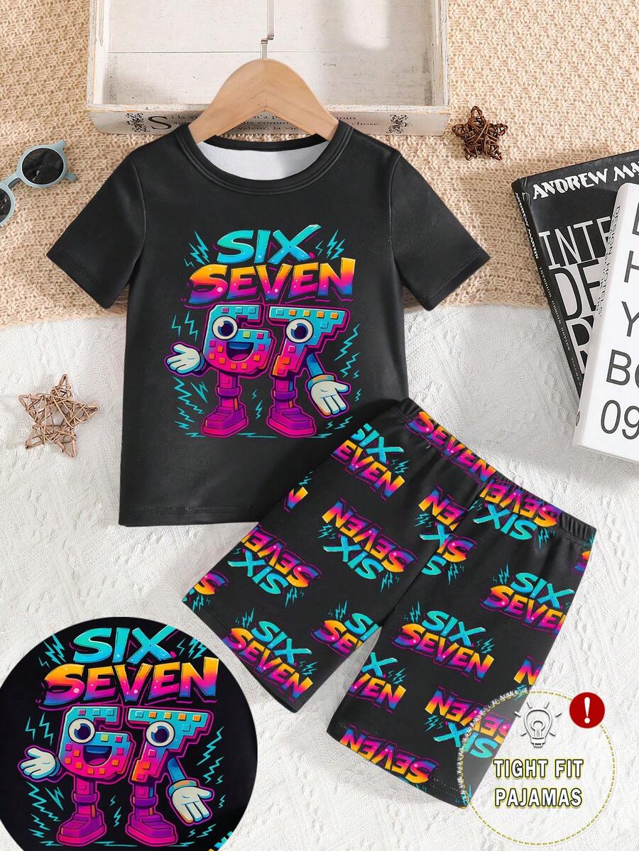 2pcs/Set Piyama Anak Laki-Laki Motif Angka 67 yang Bercahaya dalam Gelap, Kaos Lengan Pendek dan Celana Pendek Pas Badan, Musim Panas, Seragam Keluarga, Ringan dan Nyaman untuk Tidur - Hitam - View 1