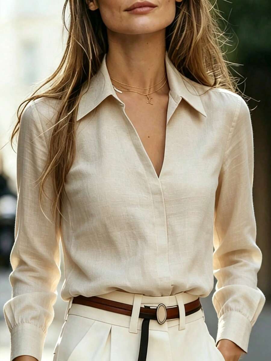 Balvessa 女款純色休閒通勤襯衫 長袖亞麻材質 - 卡其色 - 查看 1