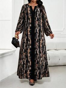 SHEIN Lady Plus Size Women's All-Over Print Notch V-Neck Lantern Sleeve Loose Fit Dress Fall - Multicolor - View 1