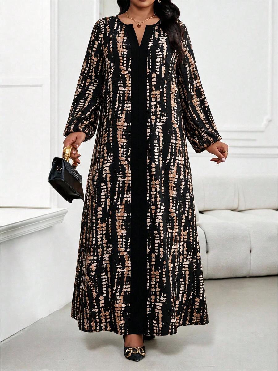 SHEIN Lady Plus Size Women's All-Over Print Notch V-Neck Lantern Sleeve Loose Fit Dress Fall - Multicolor - View 1