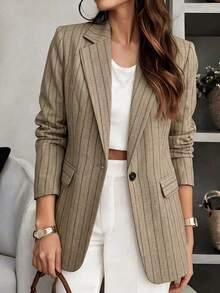 SHEIN LUNE CURVE Women's Summer Khaki Single-Button Blazer, Lapel Long-Sleeve Waisted Mid-Length Suit Jacket, Occasion Wear For Business Commute Office Teachers' Day - Apricot - View 1