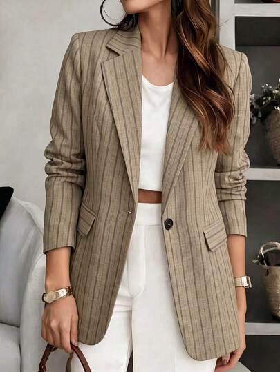 SHEIN LUNE CURVE Women's Fall Brown Single-Button Blazer,Lapel Long-Sleeve Waisted Mid-Length Suit Jacket,Occasion Wear For Business Commute Office Teachers' Day