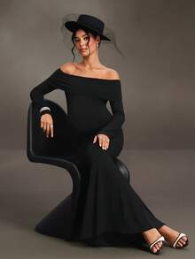 SHEIN Black French Style Cold Shoulder Maternity Long Dress, Slim Fit Elastic Knit Fabric, Exposed Shoulder Long Sleeve Photoshoot Formal Fall Elegant - Black - View 5