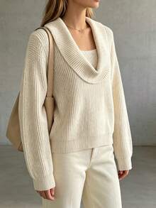 SHEIN Designer Scarf Layering Versatile Elegant Commute Office Travel Knitted Pullover Sweater - Apricot - View 6