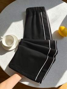 SHEIN Tween Girls Black Elastic Waist Loose Sports Uniform Streetwear Pants, Baby Tee Gym School Yoga College Style, 1pc Only Summer - Black - View 4