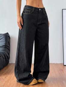 SHEIN EZwear 大尺碼蜘蛛網圖案印花鈕扣口袋寬鬆牛仔褲 夏季萬聖節 正式時裝週 黑色休閒 90年代 - 黑色 - 查看 3