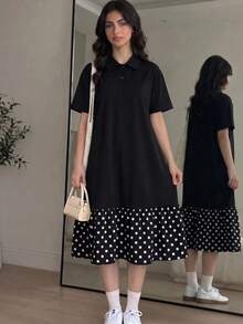 青少年女孩 Polo 領條紋刺繡圖案短袖中長洋裝，適合青少年女孩，對比色荷葉領花瓣袖印花洋裝，適合學校、戶外活動、購物，鈕扣洋裝 - 彩色 - 查看 1