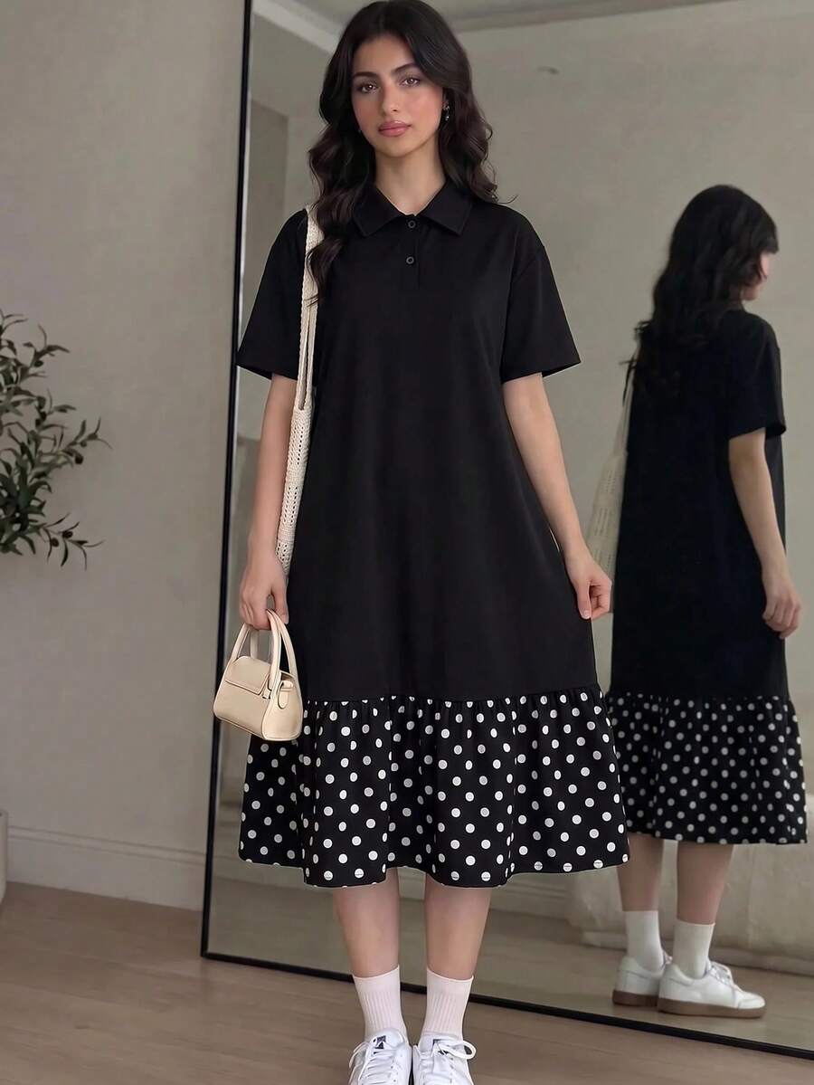 青少年女孩 Polo 領條紋刺繡圖案短袖中長洋裝,適合青少年女孩,對比色荷葉領花瓣袖印花洋裝,適合學校、戶外活動、購物,鈕扣洋裝 - 彩色 - 查看 1