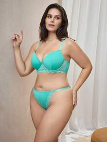 Bralution Conjunto de lencería sexy para uso diario para mujer talla grande con sujetador de tirantes ajustables con ribete de encaje y braguita triangular - verde menta - Ver 5