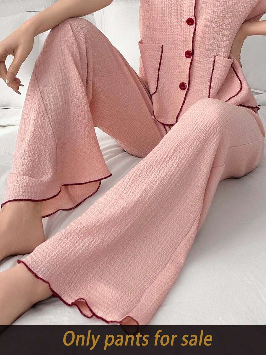 SHEIN Contrast Color Trim Jacquard Knit Women Lounge Pants - Pink - View 1