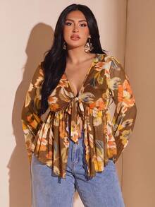 SHEIN BAE 大尺碼女款春夏網紗花卉印花喇叭袖上衣 - 彩色 - 查看 4