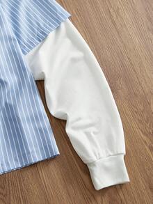 SWAVVY Camisa 2 en 1 para hombre con bordado, versátil, de un solo pecho, a rayas y con contraste de color - Azul - Ver 5