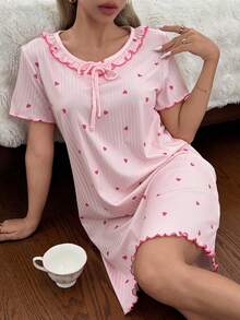 CottageSlumber Fashion All-Over Heart Print Round Neck Ruffle Short Sleeve Women's Casual Sleep Dress - Pink - View 2