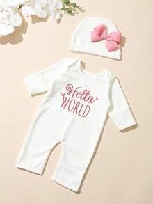 SHEIN 2件組新生女嬰攝影套裝 白色秋季 Hello World 刺繡連身褲 & 蝴蝶結帽子 趣味圖案拍照公主風套組 - 白色 - 查看 5