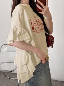 FRIFUL Camiseta holgada con impresión de letras de color contrastante, volante y diseño gráfico en la parte trasera para mujer - Albaricoque - Ver 3
