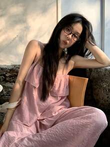 K-Vae 女款時尚淺粉色細肩帶背心與寬腿褲兩件套，夏季高級感度假休閒穿搭 - 粉色 - 查看 5