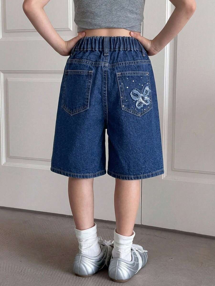 Dazy Kids 女童牛仔褲 春/夏新款 後口袋水鑽裝飾喇叭褲 (大號) - 藍色 - 查看 1