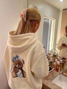 CovetEZ 女款卡通圖案連帽休閒可愛風日常穿著教師運動衫 米色 秋季 適合學校與居家 - 黃色 - 查看 8