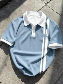Manfinity EMRG Men's Classic Colorblock White & Blue Striped Horse Logo Button Polo Shirt, Summer Essential - Multicolor - View 1