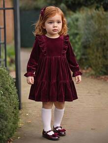 Young Girl Young Girl Solid Color Soft Knit Round Neck Ruffle Long Sleeve Waist-Cinching Dress - Burgundy - View 2