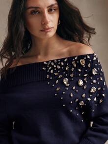 Anewsta 女款露肩聖誕優雅珠飾冬季針織毛衣 - 藏蓝色 - 查看 5