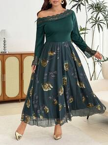 Modelyn Gaun Elegan Motif Jala Mawar, Patchwork Warna Solid, Kerah Renda, Bahu Terbuka, Lengan Panjang, Pinggang Terikat, Potongan A-Line Regular Fit Ukuran Plus untuk Musim Semi dan Gugur - Dark Green - View 1