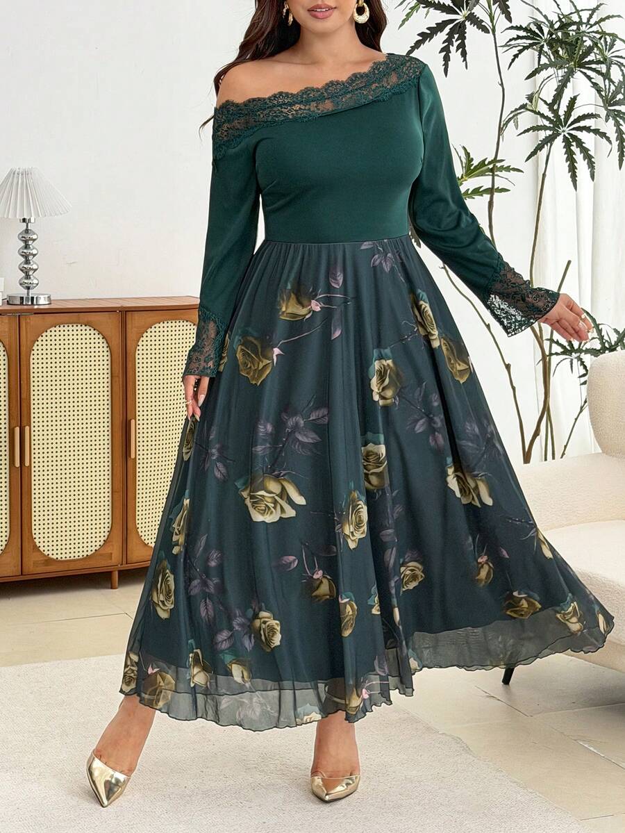 Modelyn Gaun Elegan Motif Jala Mawar, Patchwork Warna Solid, Kerah Renda, Bahu Terbuka, Lengan Panjang, Pinggang Terikat, Potongan A-Line Regular Fit Ukuran Plus untuk Musim Semi dan Gugur - Dark Green - View 1