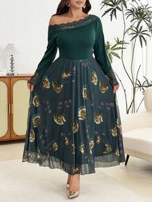 Modelyn Gaun Elegan Motif Jala Mawar, Patchwork Warna Solid, Kerah Renda, Bahu Terbuka, Lengan Panjang, Pinggang Terikat, Potongan A-Line Regular Fit Ukuran Plus untuk Musim Semi dan Gugur - Dark Green - View 3
