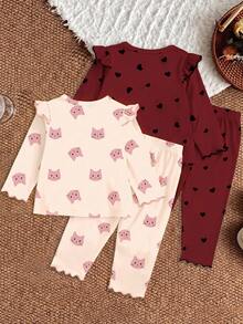 SHEIN Vintaside Kids 4件組女嬰卡通印花T恤與長褲套裝 拍照用 黑色米白色 秋季可愛 Daddy's Girl - 彩色 - 查看 2