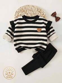 Cozy Pixies Baby Girl Toddler Girl Cartoon Animal Embroidered Patch Pattern Knitted Soft Striped Round Neck Long Sleeve Ruffle Sleeve Pullover Sweatshirt Elastic Waist Slim Fit Long Pants 2-Piece Set Cute Outfit - Black and White - View 1