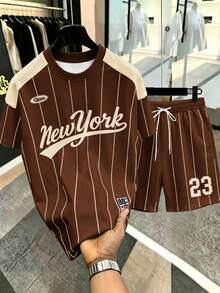 Chillumni NewYork No.23 深綠色條紋運動套裝，男士經典學院風休閒運動條紋短袖T恤與短褲套裝，中性學院風休閒運動套裝 - 彩色 - 查看 1