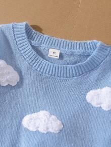 SHEIN 女童天空藍毛衣套裝，附柔軟可愛白色雲朵刺繡，手工圓領落肩長袖套頭毛衣 + 成套百褶裙，柔軟舒適，適合日常穿著、外出、旅行、度假、居家、托兒所及兒童遊戲 - 淺藍色 - 查看 4