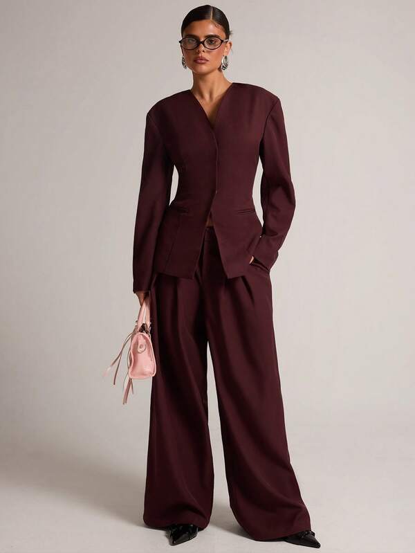SHEIN BAE Deep Plum Long Sleeve Blazer Pants Set | Tailored 2 Piece Co-Ord Suit With Pockets For Women,Burgundy,With Pockets,Matching Set,Plum Blazer Set