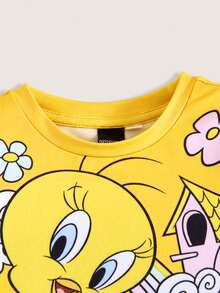 LOONEY TUNES X SHEIN 女嬰卡通Tweety彩虹俏皮印花玫瑰粉可愛休閒短袖T恤與短褲套裝 - 黃色 - 查看 4