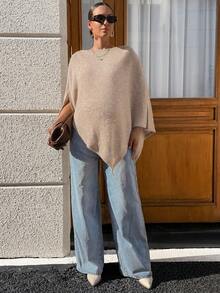 MaterniWear Maternity Solid Color Asymmetrical Hem Cape T-Shirt Fall - Khaki - View 10
