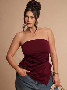 SHEIN BAE CURVE 大尺碼女款棕色與黑色蕾絲細肩帶背心，優雅細肩帶上衣，不對稱上衣 - 酒紅色 - 查看 3