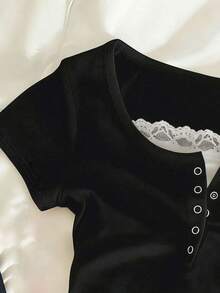 IslaSuriya Women's Casual Commute Contrast Color Lace Button-Up Short Sleeve Fitted T-Shirt - Black - View 3